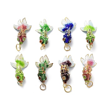 Brass Cloisonne Pendants, Gold Fish Charms with Jump Rings, Golden, Mixed Color, 35~37x17~19x12~13.5mm, Hole: 6.5mm