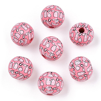 Printed Schima Wooden Beads, Round with Feeding-Bottle Pattern, Hot Pink, 16x14.5mm, Hole: 3.8mm