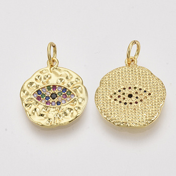 Brass Micro Pave Cubic Zirconia Pendants, with Jump Rings, Flat Round with Eye, Nickel Free, Colorful, Real 18K Gold Plated, 17x15x2mm, Jump Ring: 5x0.8mm, 3.4mm inner diameter