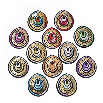 Computerized Embroidery Cloth Iron On/Sew On Patches, Costume Accessories, Appliques, with Paillette, Teardrop, Mixed Color, 41.5x36.5x0.6mm, about 12colors, 1color/10pcs, 120pcs/bag