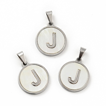 304 Stainless Steel with White Shell Pendants, Stainless Steel Color, Flat Round with Letter Charm, Letter.J, 18x16x1.5mm, Hole: 3x6mm