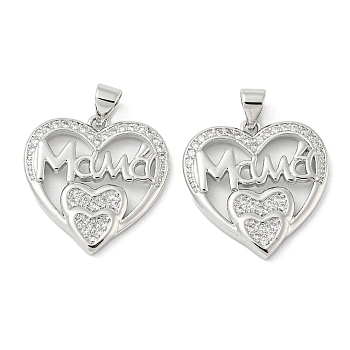 Mother's Day Theme Rack Plating Brass Micro Pave Cubic Zirconia Pendants, Long-Lasting Plated, Lead Free & Cadmium Free, Heart and Word Mama Charms, Platinum, 21x21x2.5mm, Hole: 5x3mm