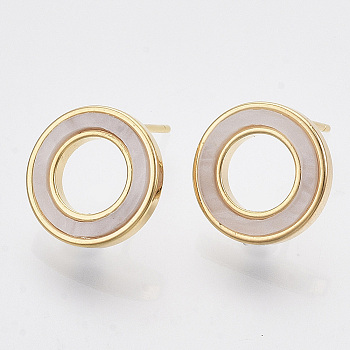 Brass Stud Earring Findings, with Shell and Loop, Nickel Free, Ring, Creamy White, Real 18K Gold Plated, 12mm, Hole: 0.9mm, Pin: 0.7mm