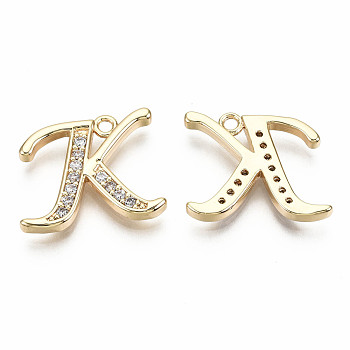 Brass Micro Pave Clear Cubic Zirconia Pendants, Nickel Free, Real 18K Gold Plated, Word, Letter.K, 14.5x17.5x2mm, Hole: 1.5mm