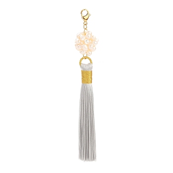Polyester Tassel Big Pendants, with Natural Pearl Woven Beads and Golden Plated 304 Stainless Steel Lobster Claw Clasps, Dark Gray, 118mm