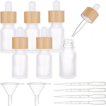 Frosted Glass Dropper Bottles, with Dropper and Bamboo Lids, Perfume Essence Liquid Cosmetic Containers, with Plastic Transfer Pipettes & Funnel Hopper, Mixed Color, 2.5x8.2cm, Capacity: 10ml, 6pcs