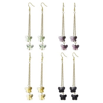 Butterfly Glass Dangle Earrings, Golden Tone 304 Stainless Steel Cable Chain Tassel Earrings for Women, Mixed Color, 97.5mm