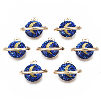 Rack Plating Alloy Enamel Charms, with Paillette, Free & Nickel Free & Lead Free, Planet, Prussian Blue, 12x15x7mm, Hole: 1.5mm