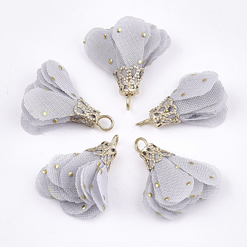 Iron Pendants, with Chiffon, Flower, Golden, Light Grey, 23~28x20~30mm, Hole: 1~3mm