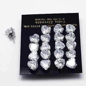 Cubic Zirconia Stud Earrings, with 304 Stainless Steel Bases, 316 Surgical Stainless Steel Pin, Grade AAA, Heart, Clear, 4x4mm, Pin: 0.8mm