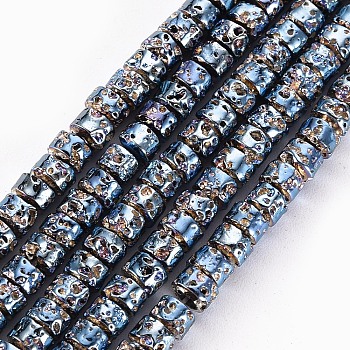 Electroplated Natural Lava Rock Beads Strands, Flat Round/Disc, Heishi Beads, Bumpy, Steel Blue, 4x3mm, Hole: 1mm, about 134pcs/strand, 15.55''(39.5cm)