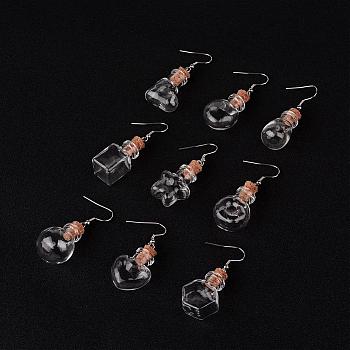 Mix Shapes Glass Wishing Bottle Dangle Earrings, with 304 Stainless Steel Earring Hooks and Iron Findings, Stainless Steel Color, 47~53mm, Pin 0.7mm, Bottle Capacity: 1~10ml(0.03~0.33 fl. oz)