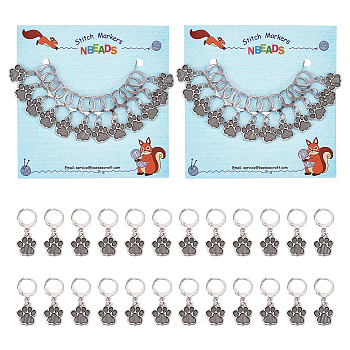 Alloy Paw Print Charm Locking Stitch Markers, 304 Stainless Steel Clasp Stitch Marker, Antique Silver, 3.1cm, 12pcs/set