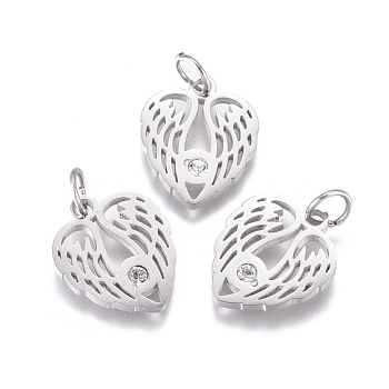 316 Surgical Stainless Steel Pendants, with Micro Pave Cubic Zirconia and Jump Ring, Long-Lasting Plated, Heart Wing, Clear, Real Platinum Plated, 14.7x12.3x1.5mm, Hole: 3.5mm