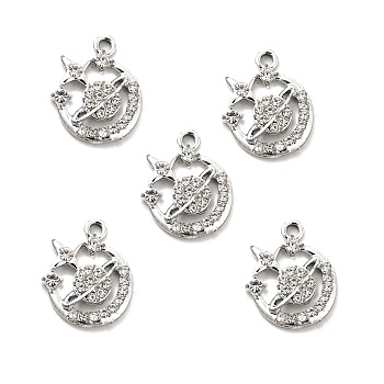 Alloy Rhinestone Pendants, Platinum Tone Hollow Out Planet with Star Charms, Crystal, 20x16x3.2mm, Hole: 2mm
