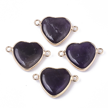 Natural Amethyst Links, with Light Gold Plated Edge Brass Loops, Flat Round, Faceted, 19.5x28.5x6mm, Hole: 2mm