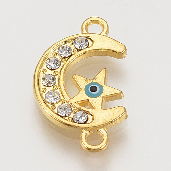 Alloy Rhinestone Links connectors, Cadmium Free & Lead Free, Moon with Evil Eye, Sky Blue, Golden, 20x12x2mm, Hole: 1.5mm