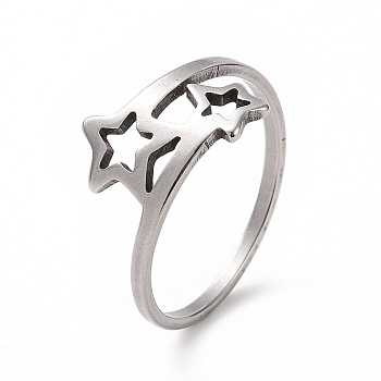 201 Stainless Steel Double Star Finger Ring, Hollow Wide Ring for Women, Stainless Steel Color, US Size 6 1/2(16.9mm)