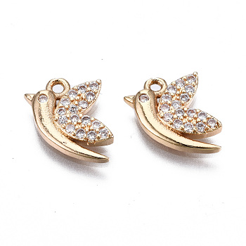 Brass Micro Pave Clear Cubic Zirconia Charms, Long-Lasting Plated, Cadmium Free & Lead Free, Bird, Light Gold, 13x9x2mm, Hole: 1.2mm