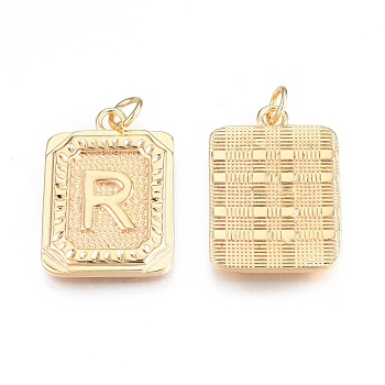 Brass Pendants, with Jump Rings, Cadmium Free & Nickel Free & Lead Free, Rectangle with Letter, Real 18K Gold Plated, Letter.R, 22.5x16x2mm, Jump Ring: 5x1mm, 3mm inner diameter