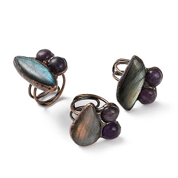 Horse Eye & Round Natural Amethyst & Labradorite Adjustable Rings, Red Copper Tone Brass Ring for Women, Inner Diameter: 19mm