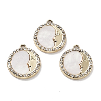 Alloy Pendants, with Shell and Rhinestone, Cadmium Free & Lead Free, Flat Round, 20x18x2.5mm, Hole: 1.5mm
