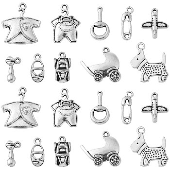 100Pcs 10 Styles Tibetan Style Alloy Charms, Antique Silver, Baby Style Charms, Clothes/Dog/Shoes/Baby Carriage Charms, Antique Silver, 7~23x6~20.5x1~4mm, Hole: 1~2.2mm, 10pcs/style