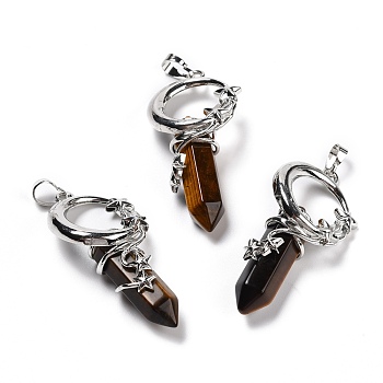 Natural Tiger Eye Pendants, Eco-Friendly Brass Finding, Platinum, Cadmium Free & Lead Free, Bullet, 48x24.5x14mm, Hole: 7x5.5mm