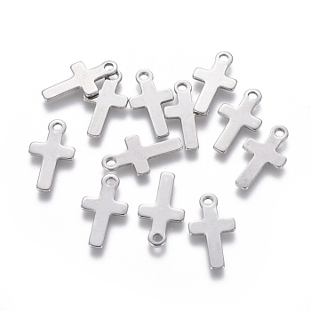 201 Stainless Steel Tiny Cross Charms, Stainless Steel Color, 14.5x8x0.7mm, Hole: 1.5mm