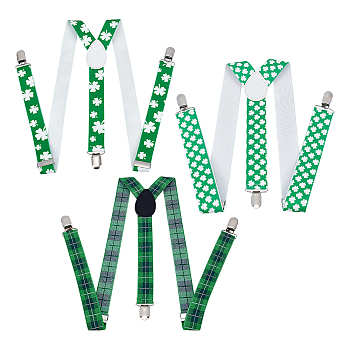 CHGCRAFT 3Pcs 3 Style Adjustable Polyester Y-Shaped Heavy Duty Suspenders, with 3 Iron Clips, for St.Patrick's  Day, Mixed Color, 400~1000x25~35x1.5mm, 1pc/style