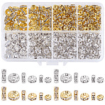520Pcs Brass Rhinestone Spacer Beads, Cadmium Free & Lead Free, Straight Flange, Rondelle, Mixed Color, 6~10x3~4mm, Hole: 1~2.5mm, 6 styles(RB-PA0001-07B)