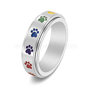 Rainbow Color Pride Flag Enamel Dog Paw Print Rotating Ring, Stainless Steel Fidge Spinner Ring for Stress Anxiety Relief, Stainless Steel Color, US Size 9(18.9mm)(RABO-PW0001-040E)