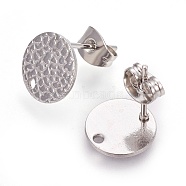 304 Stainless Steel Ear Stud Findings, with Ear Nuts/Earring Backs and Hole, Textured Flat Round with Spot Lines, Stainless Steel Color, 10mm, Hole: 1.2mm, Pin: 0.8mm(X-STAS-O119-15A-P)