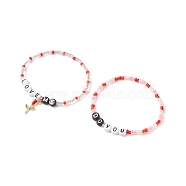 2Pcs 2 Style Word Do You Love Me Plastic Beaded Stretch Bracelets Set with Alloy Enamel Rose Charms, Glass Seed Bracelets for Valentine's Day, Red, Inner Diameter: 2-3/8 inch(6cm), 1Pc/style(BJEW-JB08700)