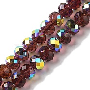 AB Color Plated Transparent Electroplate Beads Strands, Faceted, Round, Coconut Brown, 7.5x6mm, Hole: 1mm, about 80~83pcs/strand, 18.31~19.88''(46.5~50.5cm)(EGLA-H104-06L)