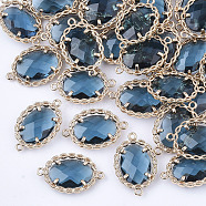 Transparent Glass Links connectors, with Brass Findings, Faceted, Oval, Light Gold, Steel Blue, 21.5x14x5mm, Hole: 1.2mm(GLAA-T007-09B)