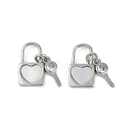 Brass Pave Natural Shell Charms, Clear Cubic Zirconia Key & Lock Charms, Platinum, 14mm, Hole: 4mm(KK-Z078-18P)