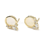 Natural White Shell Flat Round Stud Earrings with Clear Cubic Zirconia, Brass Jewelry for Women, Cadmium Free & Nickel Free & Lead Free, Real 18K Gold Plated, 13x10mm, Pin: 0.7mm(EJEW-C028-07G)