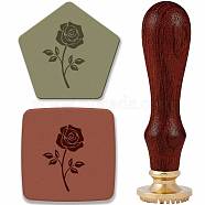 Brass Clay Seal Stamp Set, 1Pc Golden Tone Sealing Stamp Solid Brass Head, with 1Pc Wood Handle, For Unique Imprints on Ceramics and Other Soft Materials, Flower, 75mm, head: 12mm thick, stamps: 25.4mm(DIY-WH0577-005)