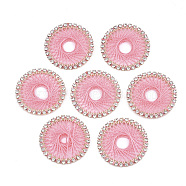 Brass Rhinestone Pendants, with Polyester Thread, Flat Round, Light Gold, Crystal, Hot Pink, 30x2mm(FIND-T044-17C)