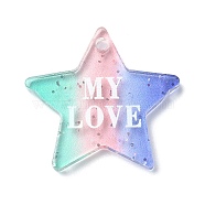 Valentine's Day Transparent Acrylic Pendant, with Glitter Powder, Star with Word MY LOVE, Colorful, 22.5x23.5x2mm, Hole: 1.8mm(OACR-A025-01)