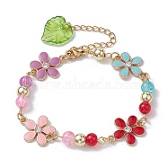Zinc Alloy Flower Flower Link Chain Bracelets,with Glass Beads, Colorful, 7-1/2 inch(19cm)(BJEW-JB10006)