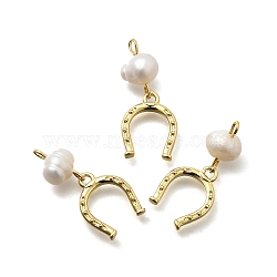 Brass & Natural Pearl Horseshoe Pendants, Rack Plating, Long-Lasting Plated, Cadmium Free & Lead Free, Real 18K Gold Plated, 23mm, Hole: 1.8mm(KK-Z093-36G)