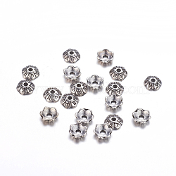 Tibetan Style Alloy Flower Bead Caps, 6-Petal, Cadmium Free & Nickel Free & Lead Free, Antique Silver, 6x2mm, Hole: 1mm(TIBE-L006-AS-NF)