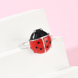 Brass Cuff Rings for Women, Ladybird, with Enamel, Platinum, Inner Diameter: adjustable(RJEW-C122-02P)