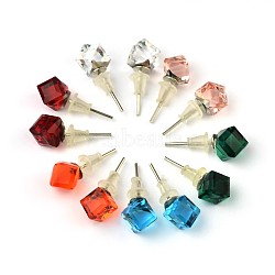Shiny Glass Rhinestone Stud Earrings, with Platinum Brass Ear Stud Components, Mixed Color, 9x7mm, Pin: 0.7mm(EJEW-F0039-M)
