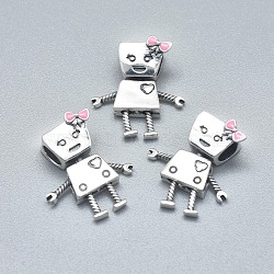 Antique Silver Plated 925 Sterling Silver European Beads, with Enamel, Large Hole Beads, Carved with 925, Robot, Pink, 18.5x12.5x7.5mm, Hole: 4.5mm(STER-L060-22A-AS)