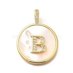 Rack Plating Brass Micro Pave Clear Cubic Zirconia Pendants with Shell, Letter Series Charms, Long-Lasting Plated, Lead Free & Cadmium Free, Letter B, 32x24x3.5mm, Hole: 6x3mm(KK-M309-42G-B)