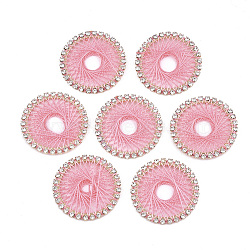 Brass Rhinestone Pendants, with Polyester Thread, Flat Round, Light Gold, Crystal, Hot Pink, 30x2mm(FIND-T044-17C)