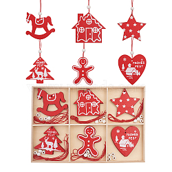 Christmas Theme Wood Pendant Decorations, Red, 70~81x62.5~80x2mm, Hole: 3mm(HJEW-CJC0003-02)